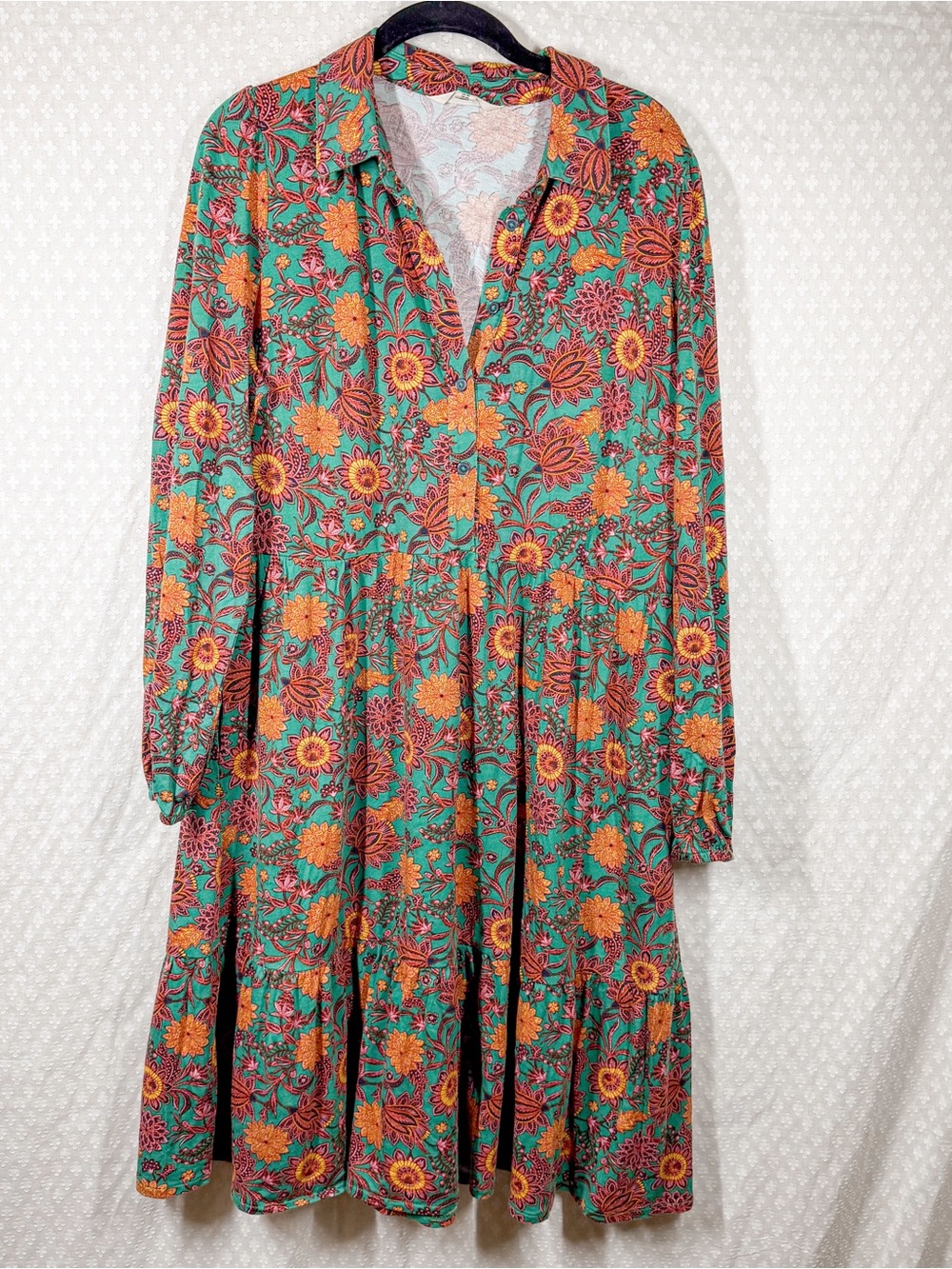 Boden Green Orange Floral Long Sleeve Midi Dress